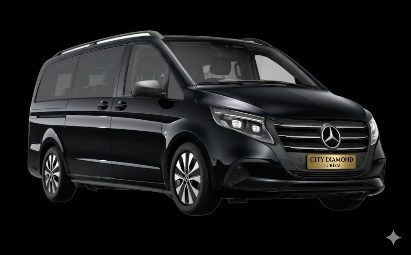 Siyah Mercedes-Benz Vito, altın CITY DIAMOND TURİZM plakalık, stüdyo çekim